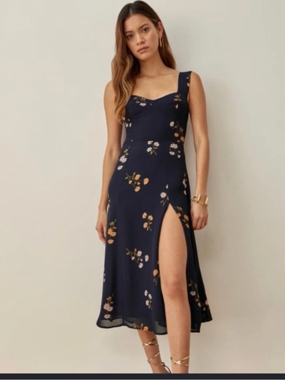 Reformation Navy Floral Midi Dress with Sweetheart Neckline
